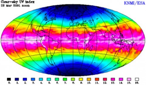 Le variazioni secondo la latitudine dell’intensità della radiazione ultravioletta (immagine ESA, esa.int/Applications/Observing_the_Earth/Thanks_to_ESA_KNMI_offers_a_UV_forecasting_Service)