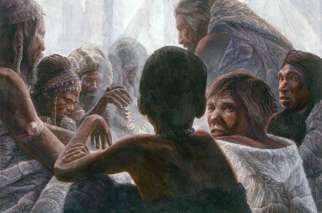 Ricostruzione artistica di un ipotetico incontro tra sapiens e Neandertaliani in qualche luogo dell’Eurasia intorno a 40,000 anni fa. Secondo analisi cronologiche recenti (nature.com/articles/s41467-024-51546-9), forse un incontro di questo tipo non sarebbe mai avvenuto nella nostra penisola perché all’arrivo dei sapiens i Neandertaliani non ci sarebbero più stati (immagine dalla rivista Science, 2022)