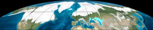  L’estensione dei ghiacciai nell’emisfero boreale durante l’ultimo massimo glaciale, circa 20,000 anni fa, fu estrema nel continente americano, dove rimodellò profondamente l’identità degli ambienti. All’epoca, il livello marino planetario si abbassò di 120-130 m, dilatando i contorni continentali (immagine web)