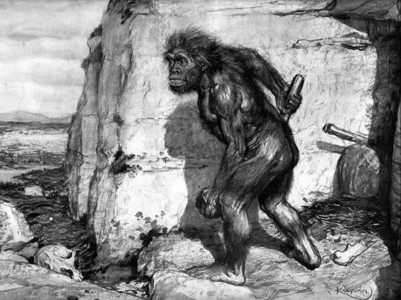 Rappresentazione artistica del pittore ceco F. Kupka sul periodico francese L’Illustration di un Neandertaliano com’era immaginato agli inizi del XX secolo (immagine dalla rivista CNRS Le Journal, 2017)